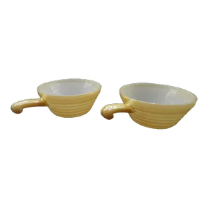 Vintage FireKing Peach Lusterware Soup Chili Dip Beehive Bowls Handles- Set of 2