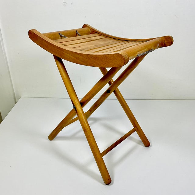 Tan Mid-Century Modern Boho Chic Americana Pine Folding Stool For Sale - Image 8 of 14