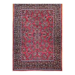 Antique Persian Sarouk Area Rug, Hand-Knotted Wool, Allover Floral Pattern, 9x11, Red & Navy For Sale