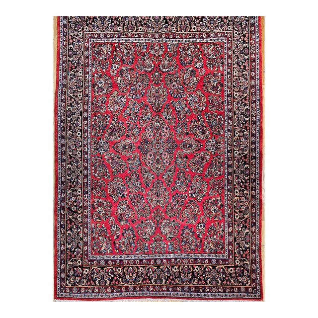 Antique Persian Sarouk Area Rug, Hand-Knotted Wool, Allover Floral Pattern, 9x11, Red & Navy For Sale