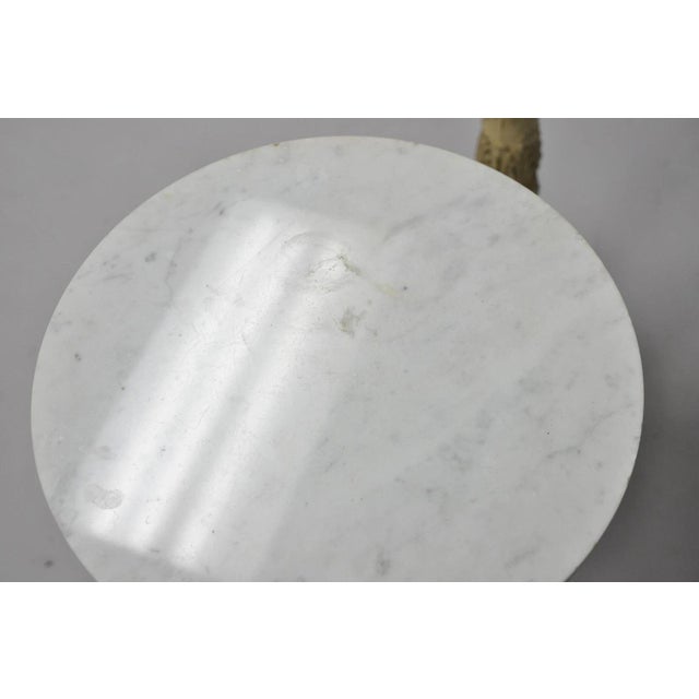 Vintage Hollywood Regency Small Metal Pedestal Marble Top Drinks Side Table Pair For Sale - Image 12 of 18