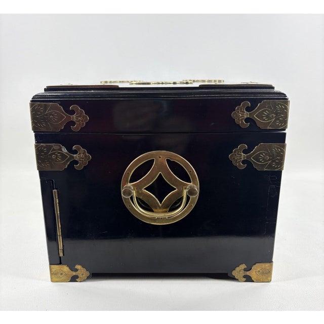 Large Vintage Chinese Black Lacquer Jewelry Box With Ornate Brass "Fu" Detail For Sale - Image 9 of 11