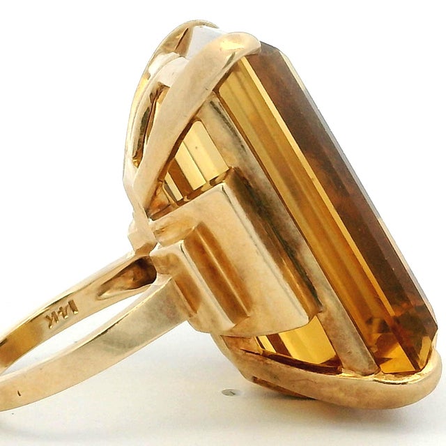 Modern Vintage FFF Emerald-Cut Citrine Ring in 14k Yellow Gold, Size 6.75 For Sale - Image 3 of 12