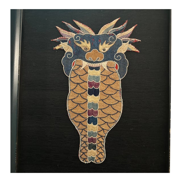 Antique Qing Dynasty Chinese Silk Embroidery Panel - Couched Gold Thread Dragon Fish Yu Hualong - For Sale