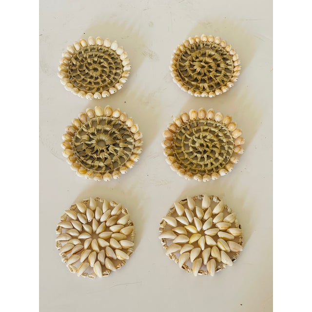 4+2 sea Shell encrusted coasters.with cowrie sea shells and sea grass handwoven.