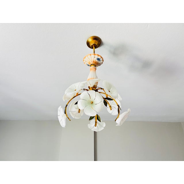 Mid 20th Century Italian Handmade Porcelain & White Murano Style Glass Daisy Chandeliers - a Pair For Sale - Image 16 of 17