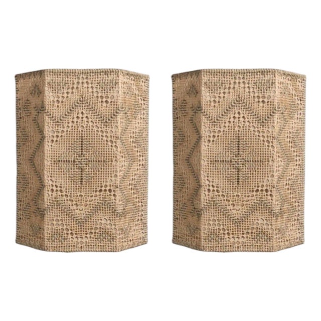 1970s Swedish Modern Beige and White Crocheted Fabric Wall Sconces - a Pair For Sale