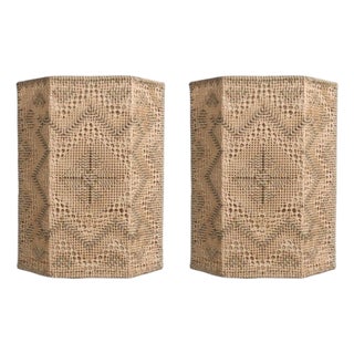 Swedish Modern, Wall Sconces, Beige and White Crocheted Fabric, Sweden, 1970s For Sale
