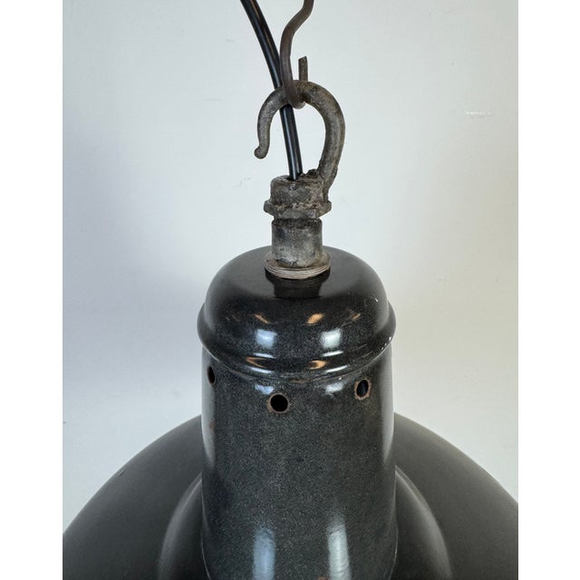 Industrial French Dark Grey Enamel Factory Pendant Lamp, 1960s For Sale - Image 11 of 17