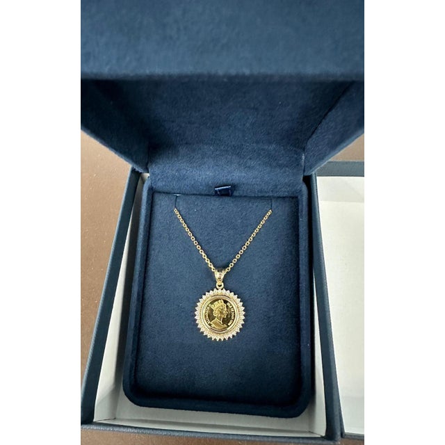 Queen Elizabeth Isle of Man Gold Coin Necklace with Diamond Halo 16" For Sale - Image 4 of 7