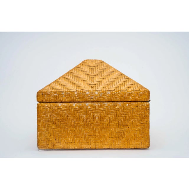 1970s Vintage Woven Leather and Wood Hinged Monumental Box Rattan Style Pagoda Style For Sale - Image 5 of 15