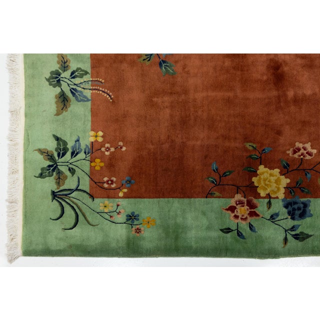 Textile Antique Art Deco Handmade Floral Chinese Green and Brown Wool Rug For Sale - Image 7 of 13