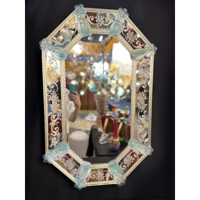 2010s Venetian Octagonal Wall Mirror Hand-Carved in Murano Glass With Ligh-Blue Flowers For Sale - Image 5 of 6