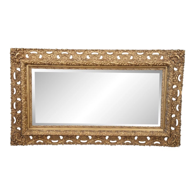 Antique French Baroque Rococo Gold Gilt Pierced Acanthus Beveled Mirror 52" For Sale