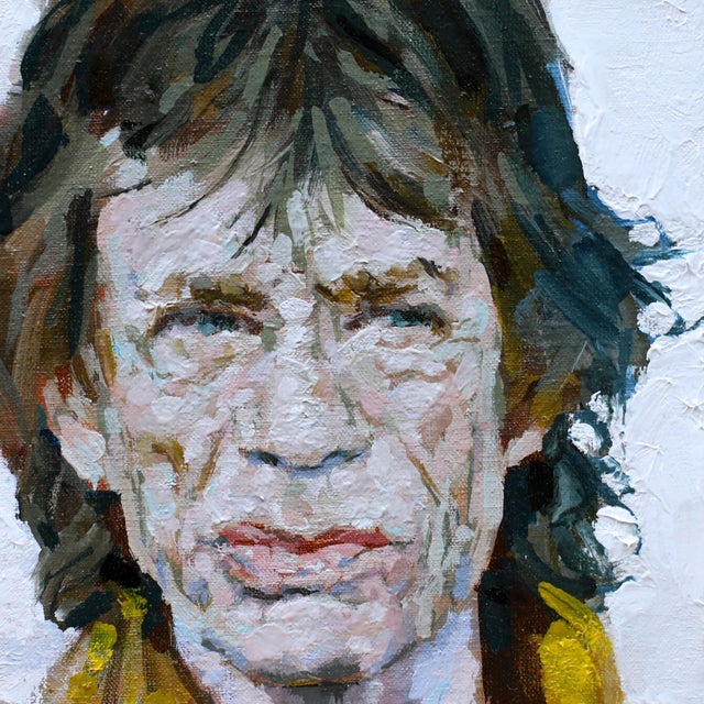 Portrait Mick Jagger by Heiko Mattausch | Oil on Board of a man with long hair and a serious expression For Sale