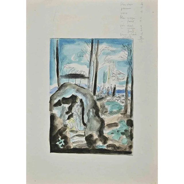 The Nativity is an ink and watercolor drawing realized by Hermine David. Hand- Signed on the left corner. Good condition...