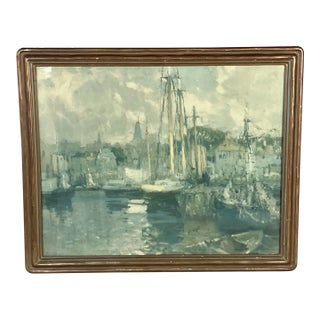 Early 20th Century Print, Original Nouveau-Styled Frame, Sailboats at Harbor For Sale