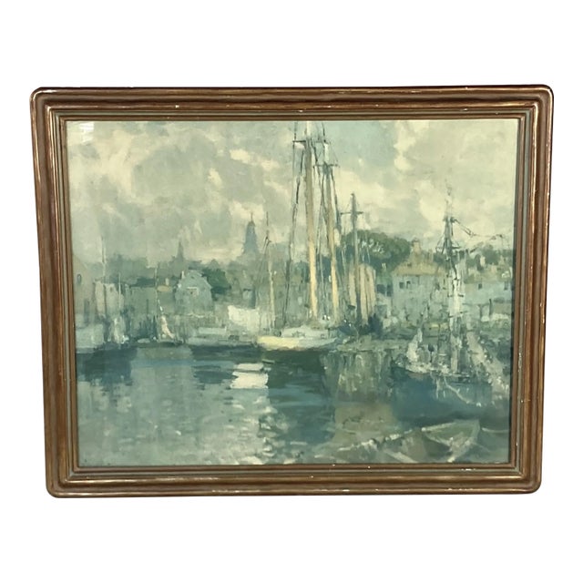 Early 20th Century Print, Original Nouveau-Styled Frame, Sailboats at Harbor For Sale