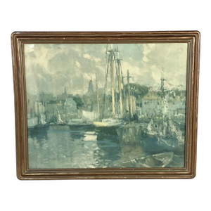 Early 20th Century Print, Original Nouveau-Styled Frame, Sailboats at Harbor