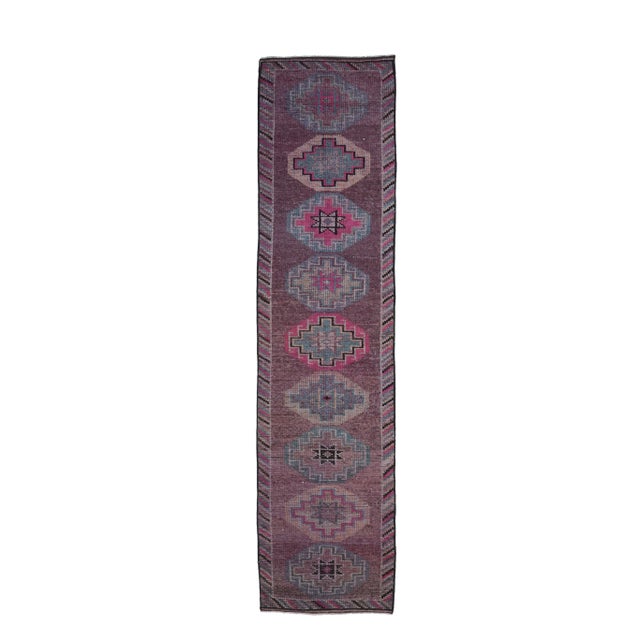 1960s Purple Pink Natural Turkish Hand-Knotted Runner Rug For Sale - Image 9 of 9