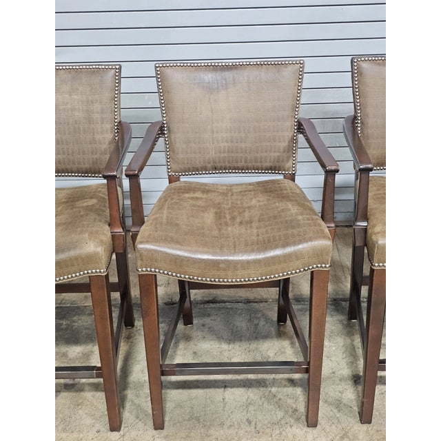 Late 20th Century Late 20th Century Set of Four Hickory Chair Mahogany Alligator Pattern Leather Counter Stools For Sale - Image 5 of 11
