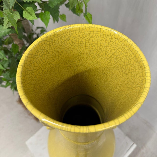 Large Lemon Yellow Crackle Glazed Ceramic Vase For Sale - Image 10 of 11