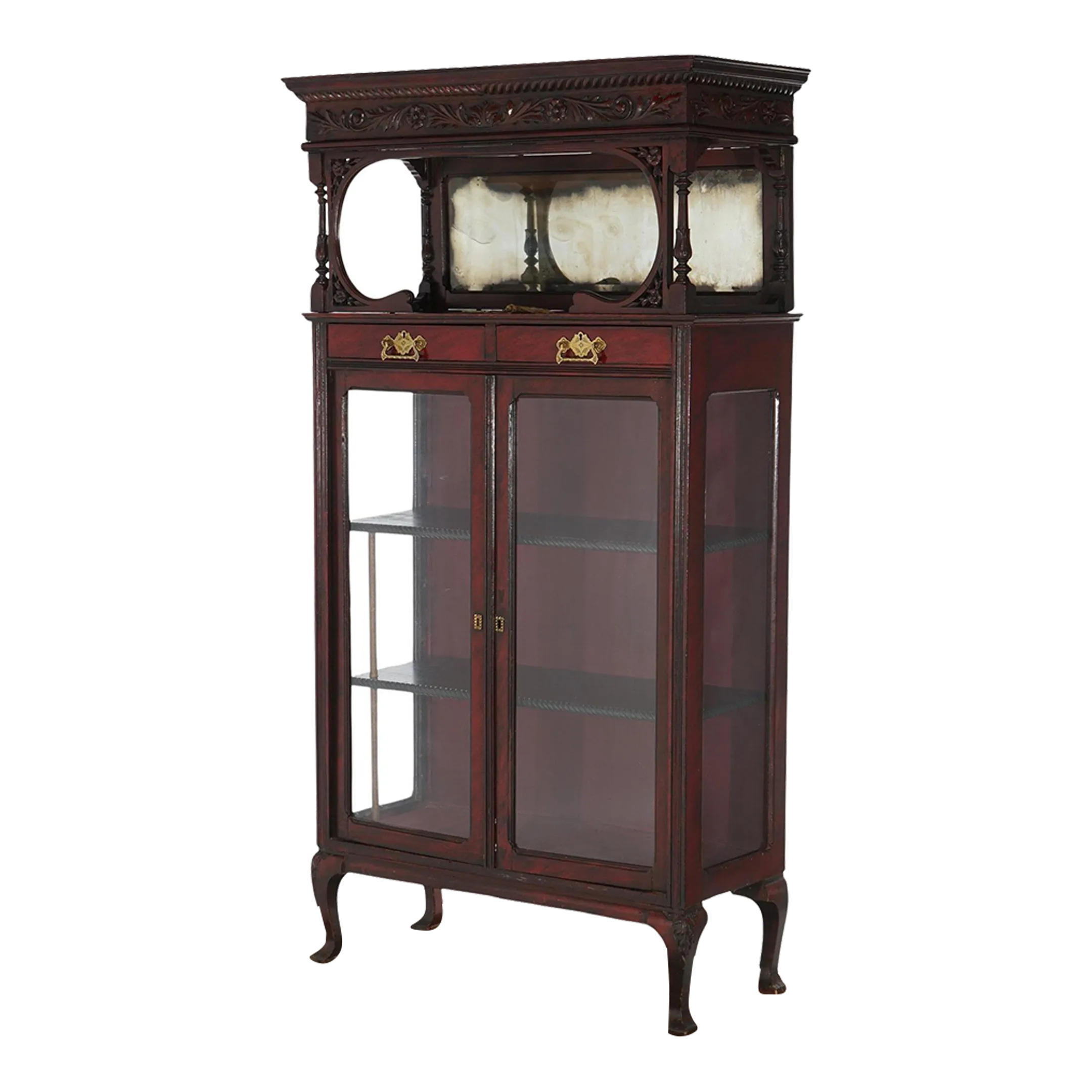 Antique Carved Mahogany Two-Door & Two-Drawer Mirrored China