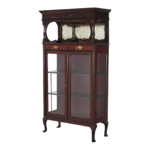 Antique Carved Mahogany Two-Door & Two-Drawer Mirrored China Cabinet C1910
