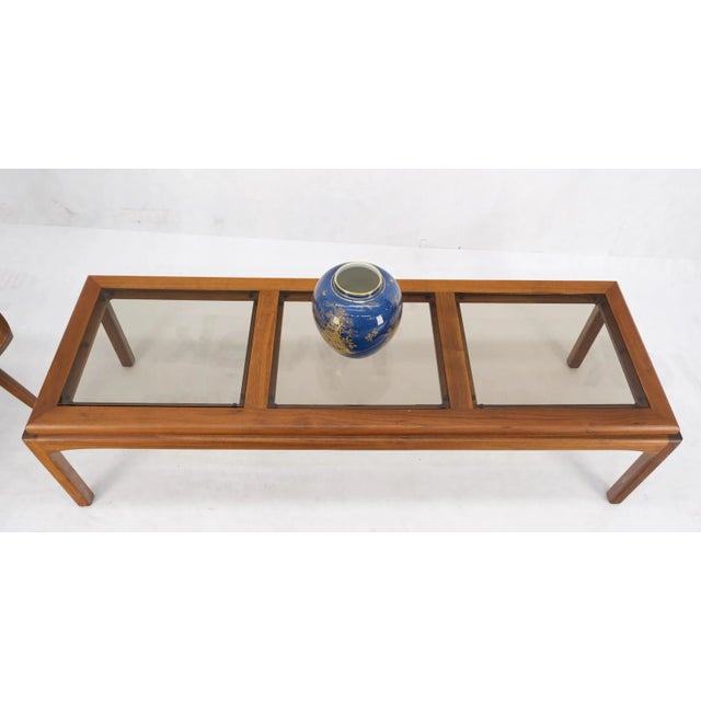 Wood Large Rectangle 3 Smoked Glass Panes Top Solid Oiled Walnut Coffee Table For Sale - Image 7 of 13