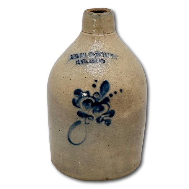 Scarce Antique American Blue Decorated Stoneware 1 Gallon Jug From Historic Portland Maine Merchant Kendal & Whitney For Sale - Image 4 of 18