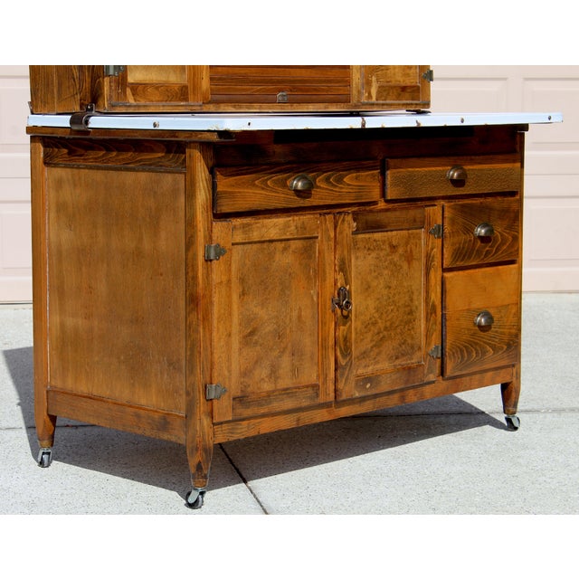 Antique Early 1900s Hoosier Cabinet Dutch Kitchenet Solid Wood Enamel Pull-Out Work Surface Coppes Brothers & Zook Original Hardware For Sale - Image 10 of 15