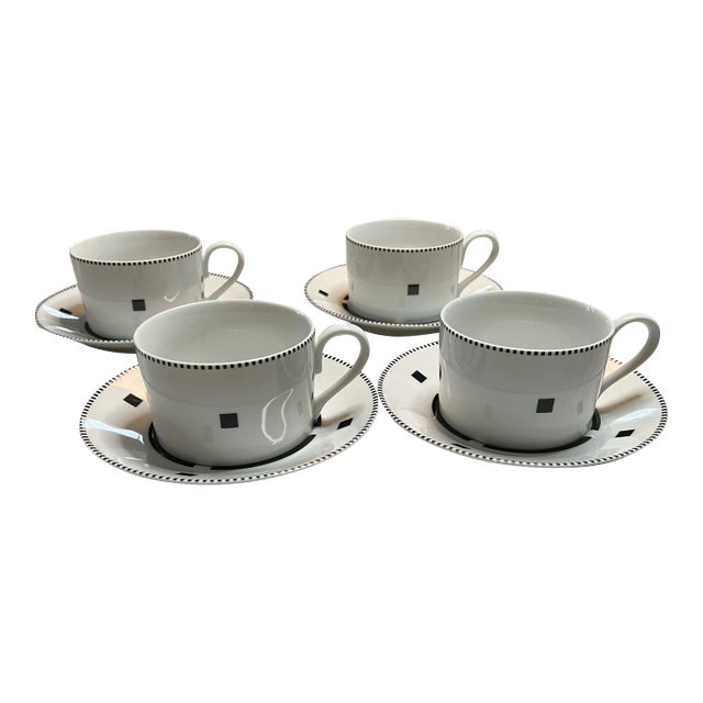 1980s Gwathmey Siegel for Swid Powell Black Tuxedo Coffee Cups and Saucers Set- 8 Pieces For Sale