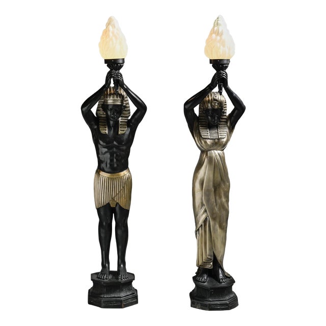 Egyptian Bronze Torch Lamp Holders from Maison Jansen, 1970, Set of 2 For Sale