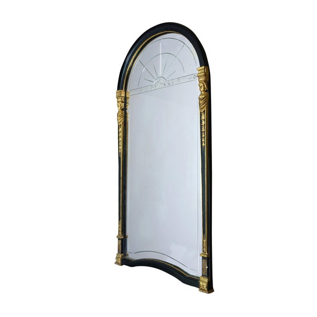 Hollywood Regency Antique Egyptian Revival Black & Gold Etched Arched Vanity Mirror Venetian 40" For Sale - Image 3 of 16