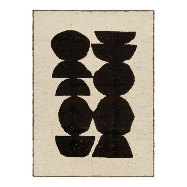 Rug & Kilim’s Moroccan Style Rug in Cream White with Brown Geometric Patterns - 13x19 For Sale