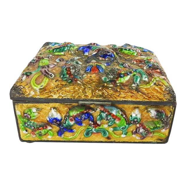 Vintage Chinese Repousse Enameled Foo Dog Trinket Box For Sale