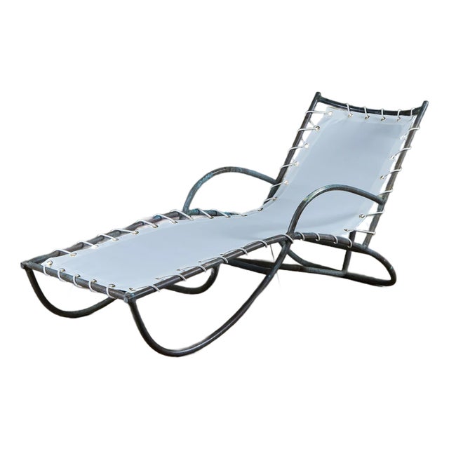 Early Walter Lamb Bronze & Canvas Patio Chaise Lounge For Sale