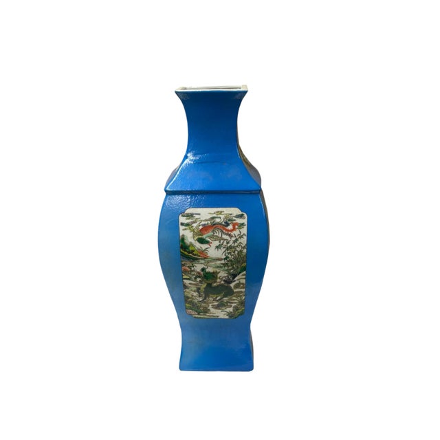Chinese Chinese Bright Blue White Window Scenery Graphic Square Porcelain Vase For Sale - Image 3 of 17