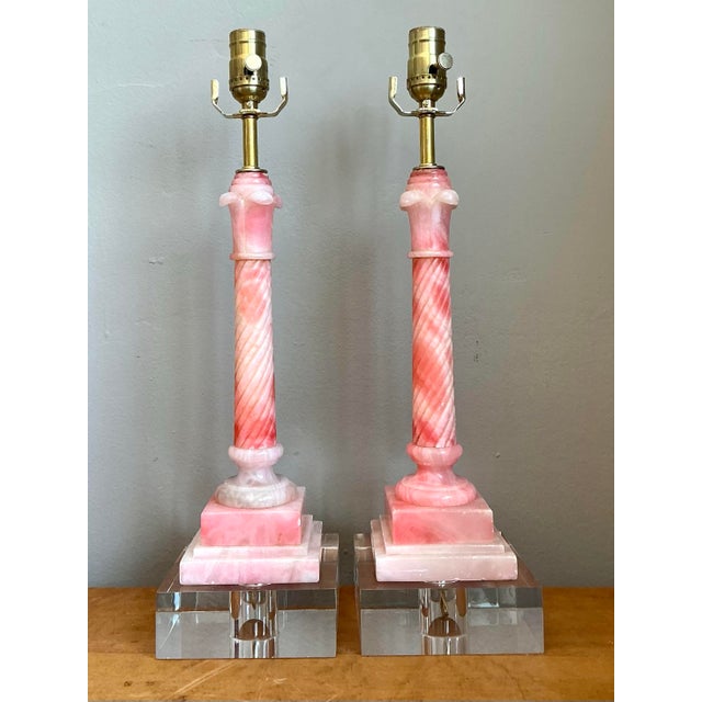 Vintage Pink Marble Carved Column Lamps - A Pair For Sale - Image 12 of 12