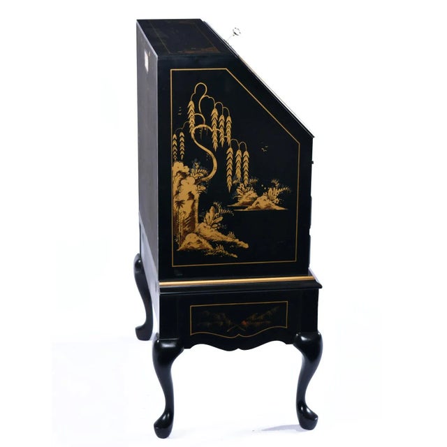 Wood Black Lacquer Hand Painted Asian Chinoiserie Black Lacquer Secretary Writing Desk For Sale - Image 7 of 16