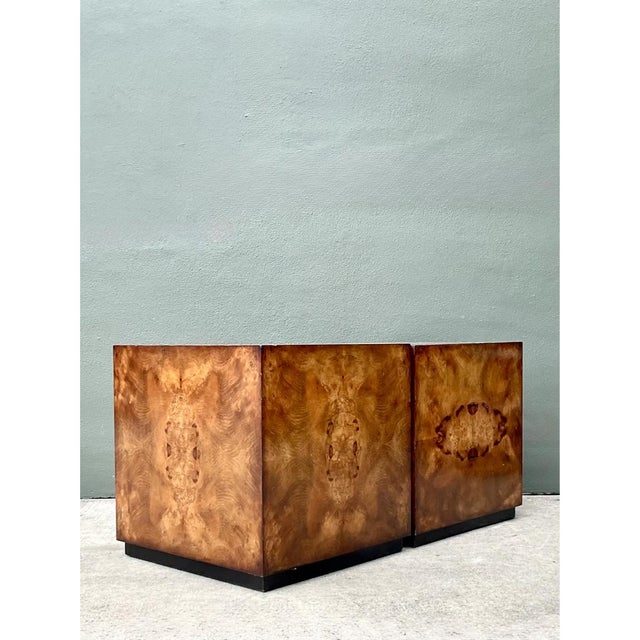 Mid-Century Modern Vintage Burl Wood Cube Tables - Pair For Sale - Image 3 of 12