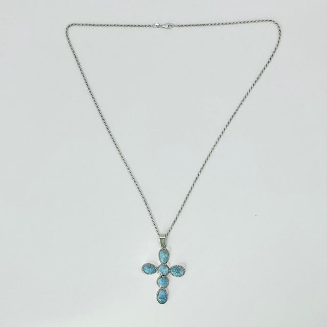 1970s Vintage Southwestern Boho Chic Religious Blue Larimar & Sterling Cross Pendant Necklace - 23” For Sale - Image 9 of 15