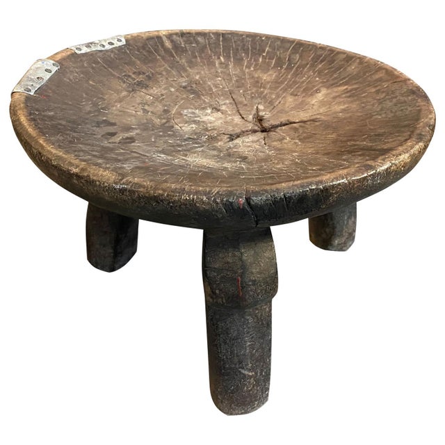 Beautiful hand carved African teak stool, side table or bowl with lovely patina and added tin overlay. The entire piece is...