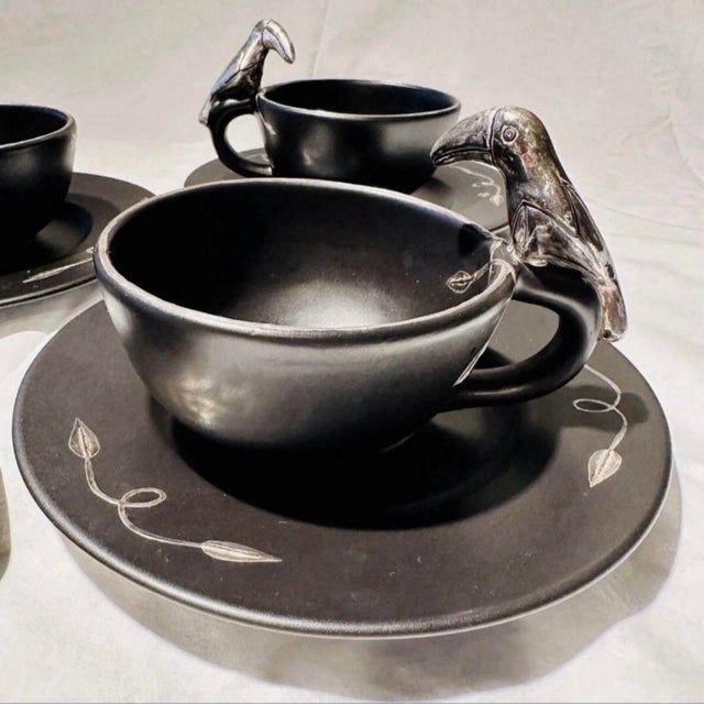 Mexican Vintage 1990s Emilia Castillo Mexican Silver Ceramic Toucan Cups Saucers Sets - Set of 6 For Sale - Image 3 of 10