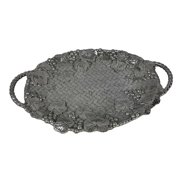 Lenox Fruit Weave Serving Platter Handle Tray 22" Grape Leaf Metal Silver Basket For Sale