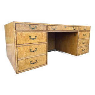 Restored 1960s John Widdicomb Burl Wood Campaign Desk – 8 Drawers & Brass Hardware For Sale