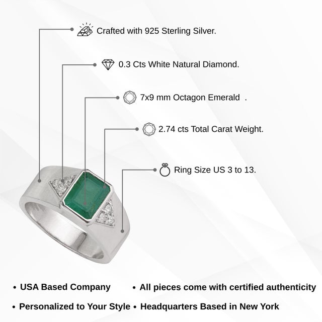 Mid Century Style Bezel Set 2.74 Ct Natural Emerald & Diamond Unisex Signet Ring Size 8 For Sale - Image 11 of 15