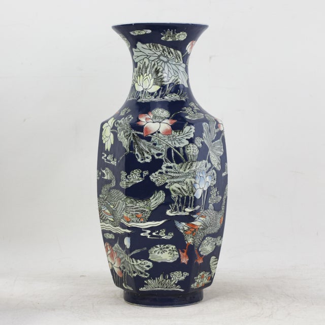 Pair of Chinese Mid-20th Century Famille Rose Cobalt Blue Hexagonal Vases For Sale - Image 12 of 14