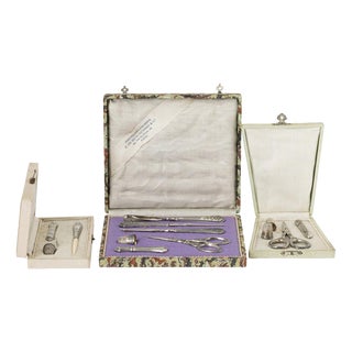 Silver Sewing Utensils in Three Cases, 19th Century For Sale