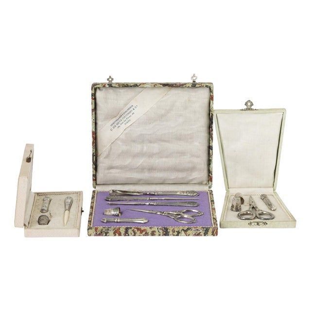 Silver Sewing Utensils in Three Cases, 19th Century For Sale